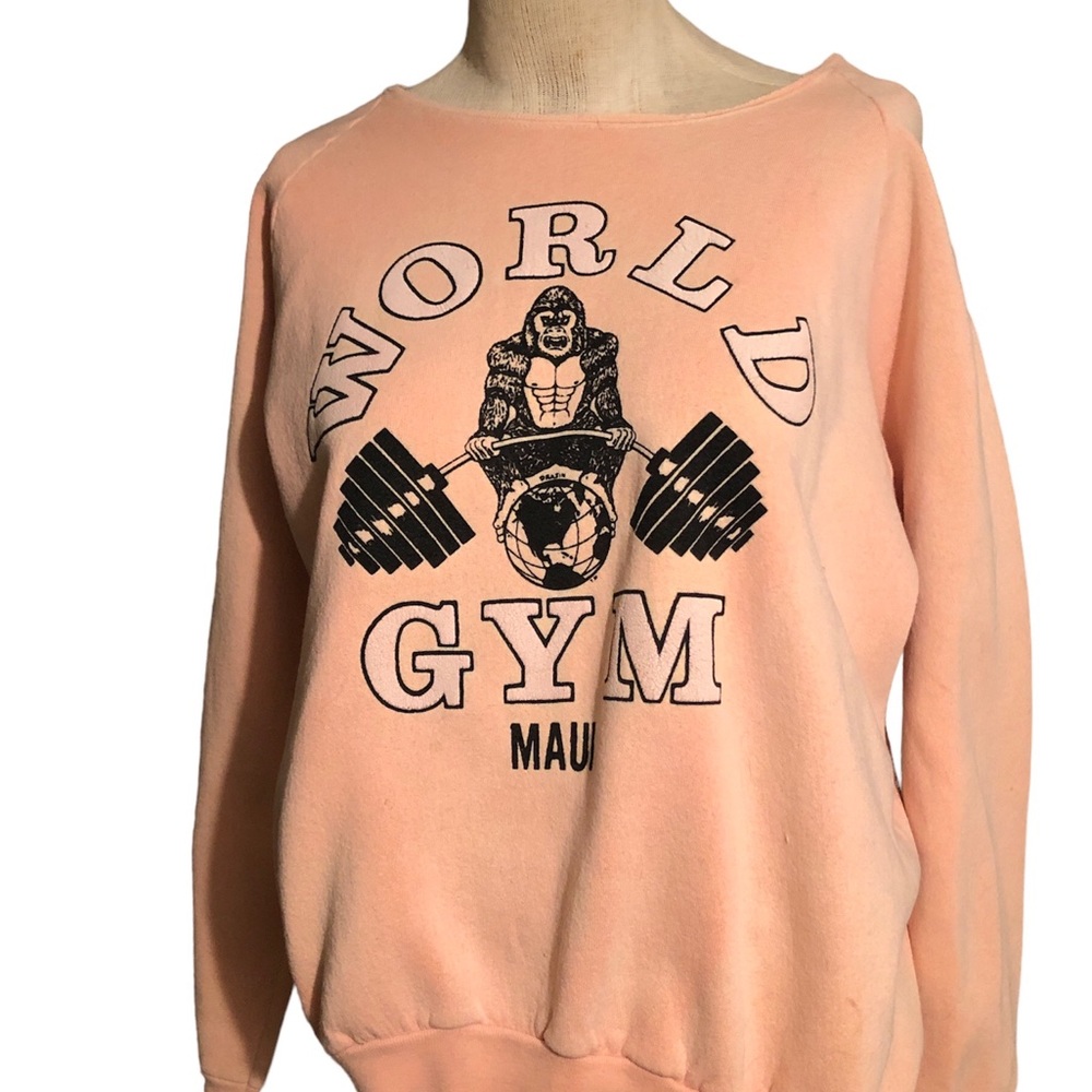 Vintage world gym 80s 90s sweatshirt with double sided graphics. Drasin design
